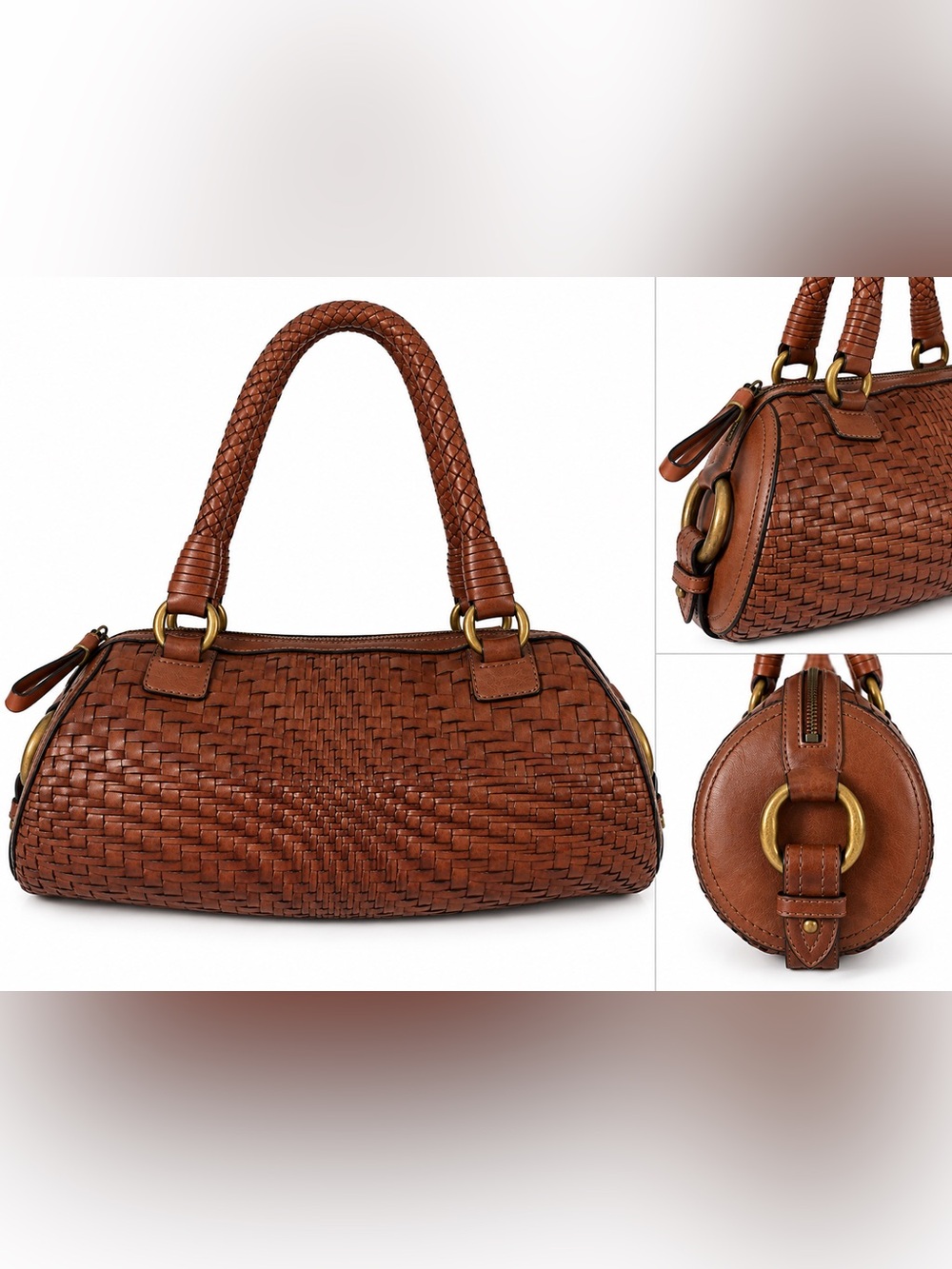 Cole Haan Woven Leather Barrel Bag Shoulder Purse Rich Cognac Brown Brass